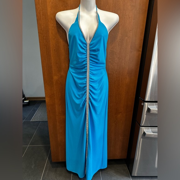 Betsy & Adam Dresses & Skirts - Vintage Y2K Prom Betsy & Adam Turquoise Halter Ruched Gown with Rhinestones